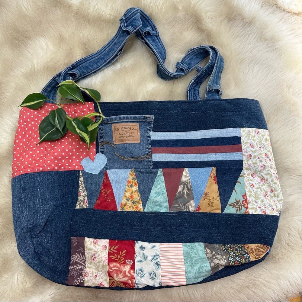Colorful Patchwork Denim Tote - Handmade Upcycled